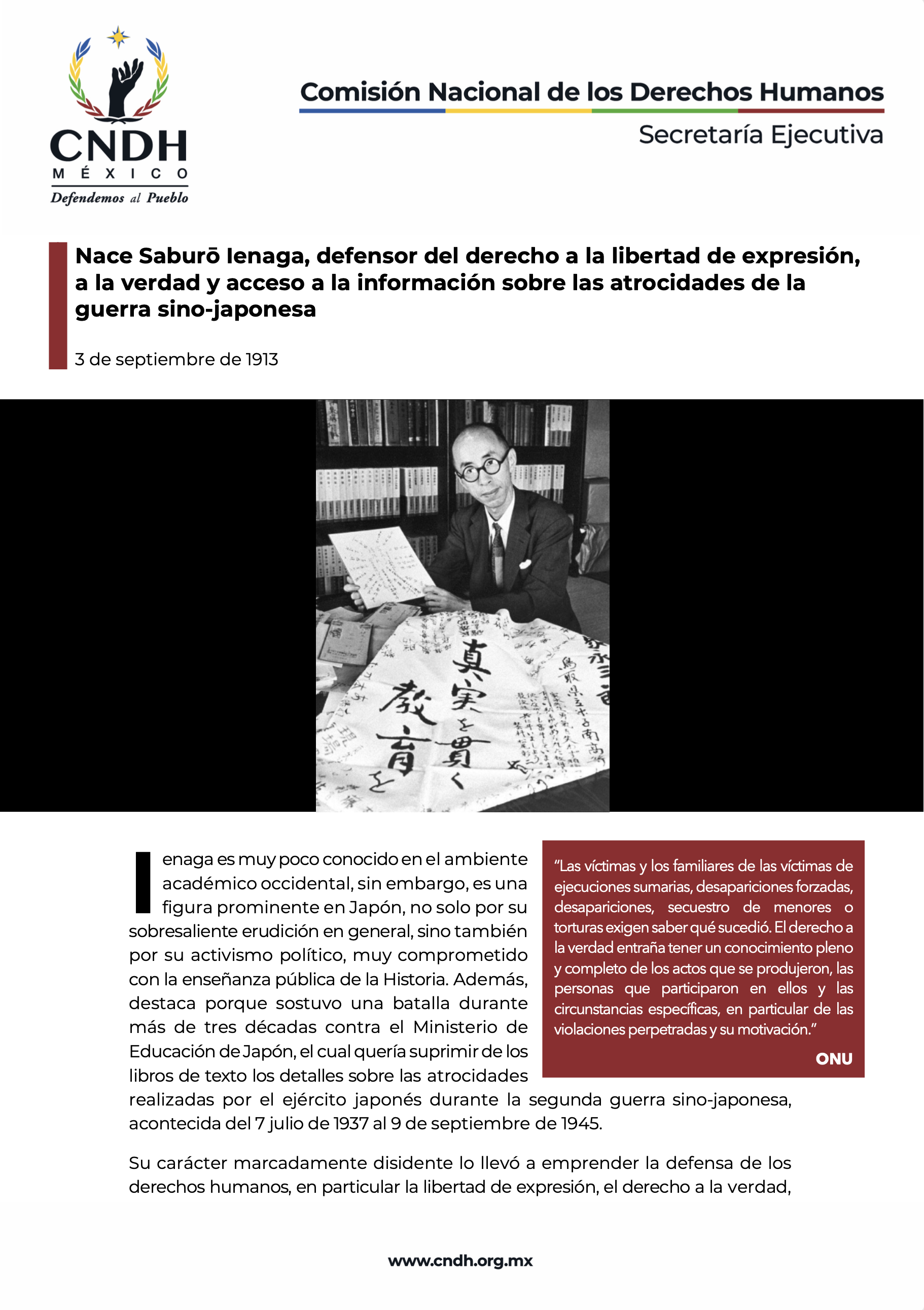Nace Saburō Ienaga, defensor del derecho a la libertad de expresión, a la verdad y acceso a la información sobre las atrocidades de la guerra sino-japonesa