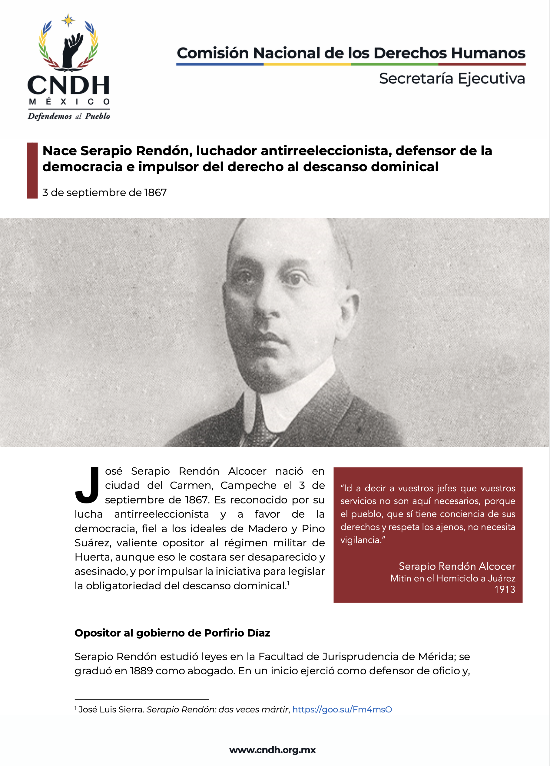 Nace Serapio Rendón, luchador antirreeleccionista, defensor de la democracia e impulsor del derecho al descanso dominical