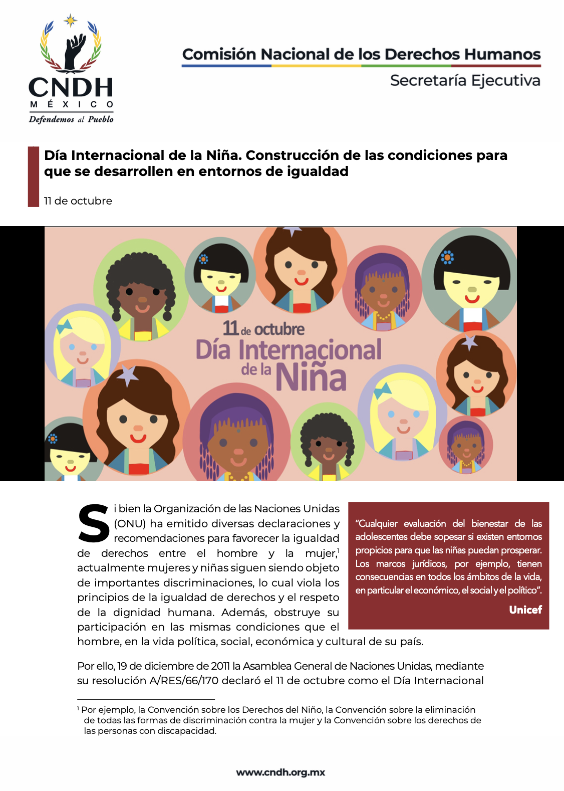 Día Internacional de la Niña. Construcción de las condiciones para que se desarrollen en entornos de igualdad