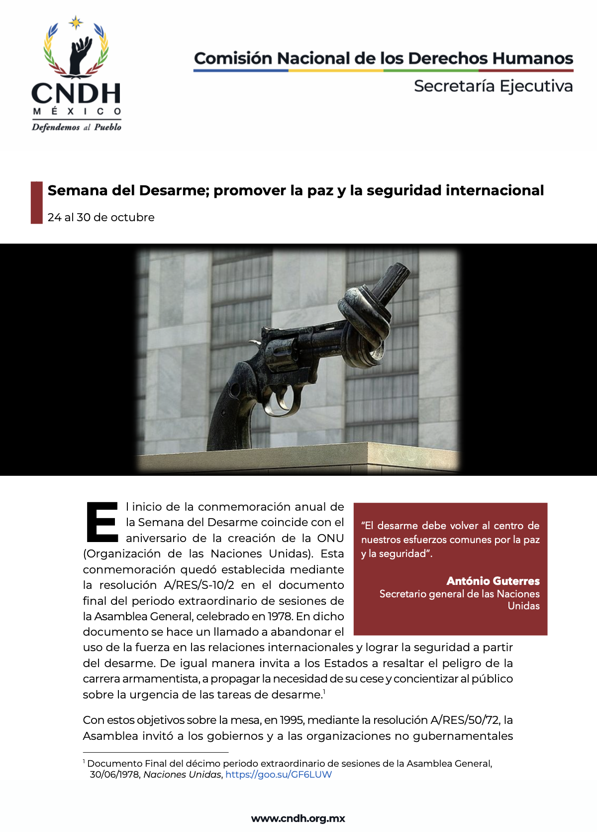 Semana del Desarme; promover la paz y la seguridad internacional