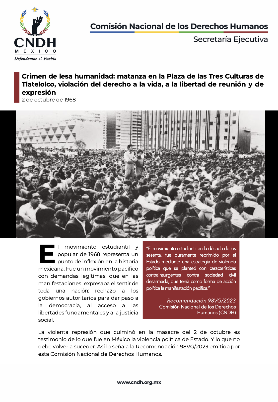 Crimen de lesa humanidad: matanza en la Plaza de las Tres Culturas de Tlatelolco, violación del derecho a la vida, a la libertad de reunión y de expresión