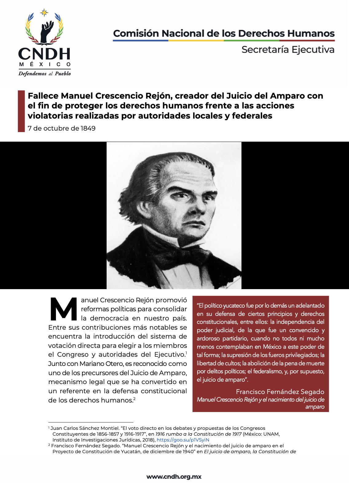 Fallece Manuel Crescencio Rejón, creador del Juicio del Amparo con el fin de proteger los derechos humanos frente a las acciones violatorias realizadas por autoridades locales y federales