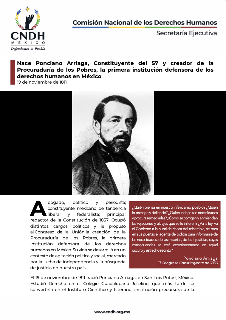 Nace Ponciano Arriaga, Constituyente del 57 y creador de la Procuraduría de los Pobres, la primera institución defensora de los derechos humanos en México