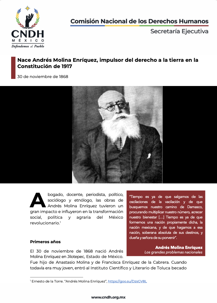 Nace Andrés Molina Enríquez, impulsor del derecho a la tierra en la Constitución de 1917