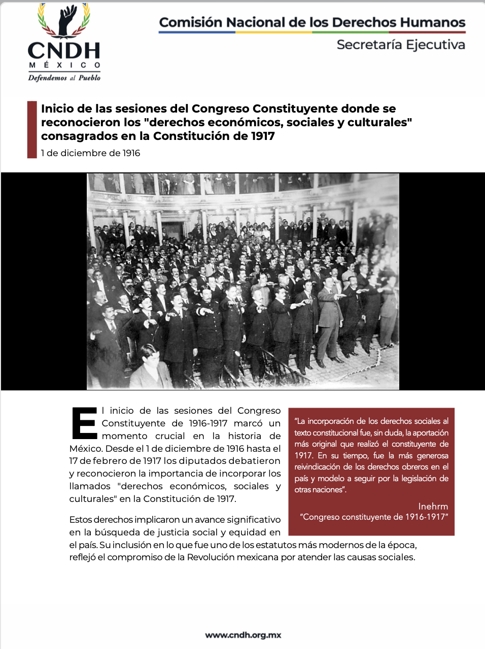 Inicio de las sesiones del Congreso Constituyente donde se reconocieron los "derechos económicos, sociales y culturales" consagrados en la Constitución de 1917