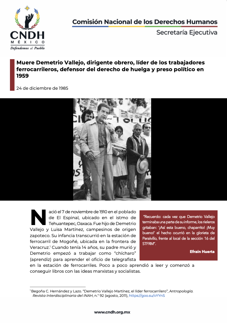 Muere Demetrio Vallejo, dirigente obrero, líder de los trabajadores ferrocarrileros, defensor del derecho de huelga y preso político en 1959