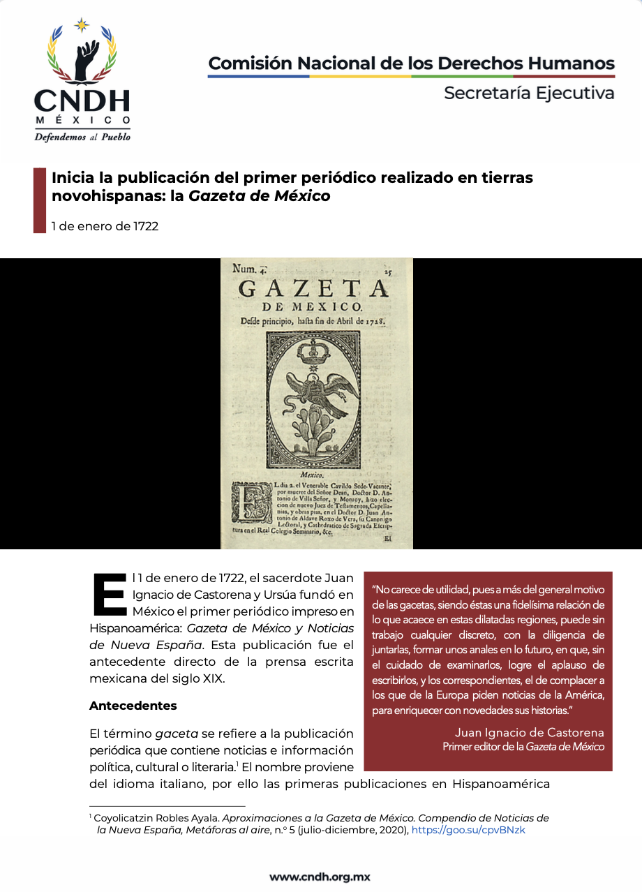 Inicia la publicación del primer periódico realizado en tierras novohispanas: la Gazeta de México