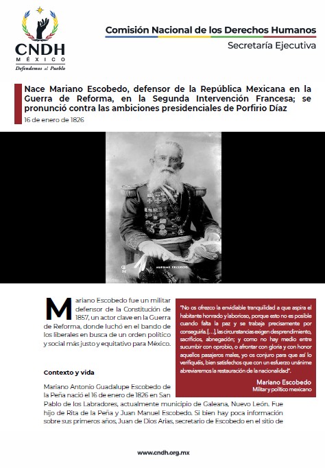 Nace Mariano Escobedo, defensor de la República Mexicana en la Guerra de Reforma, en la Segunda Intervención Francesa; se pronunció contra las ambiciones presidenciales de Porfirio Díaz
