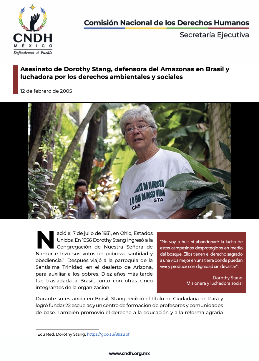 Asesinato de Dorothy Stang, defensora del Amazonas en Brasil y luchadora por los derechos ambientales y sociales