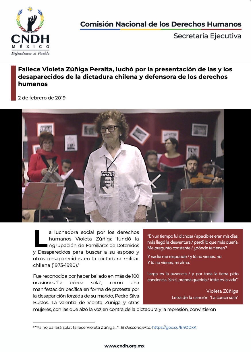 Fallece Violeta Z&uacute;&ntilde;iga Peralta, luch&oacute; por la presentaci&oacute;n de las y los desaparecidos de la dictadura chilena y defensora de los derechos humanos