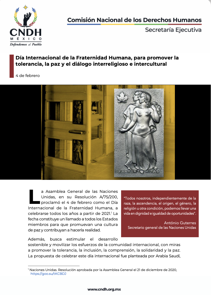 D&iacute;a Internacional de la Fraternidad Humana, para promover la tolerancia, la paz y el di&aacute;logo interreligioso e intercultural