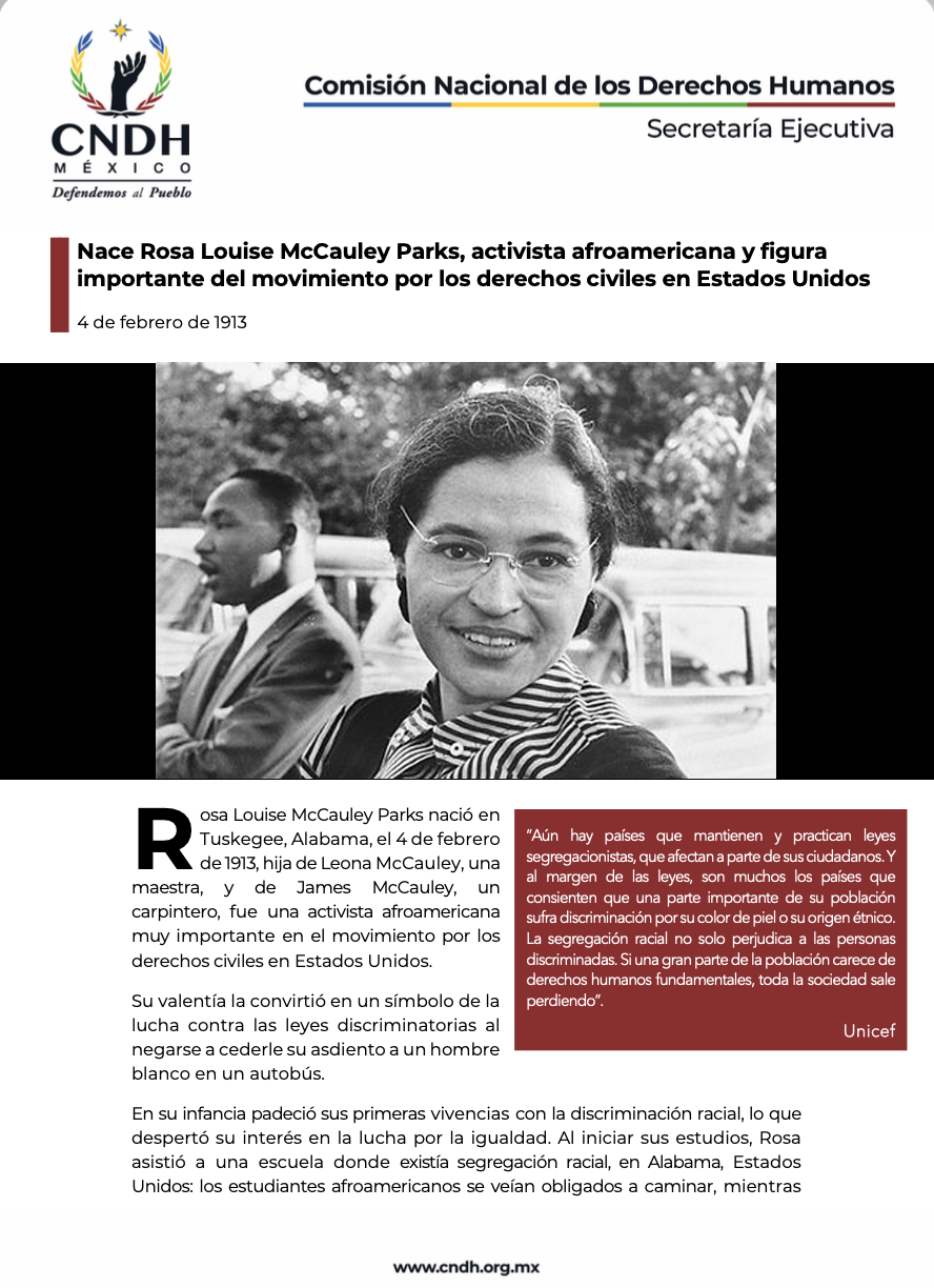 Nace Rosa Louise McCauley Parks, activista afroamericana y figura importante del movimiento por los derechos civiles en Estados Unidos