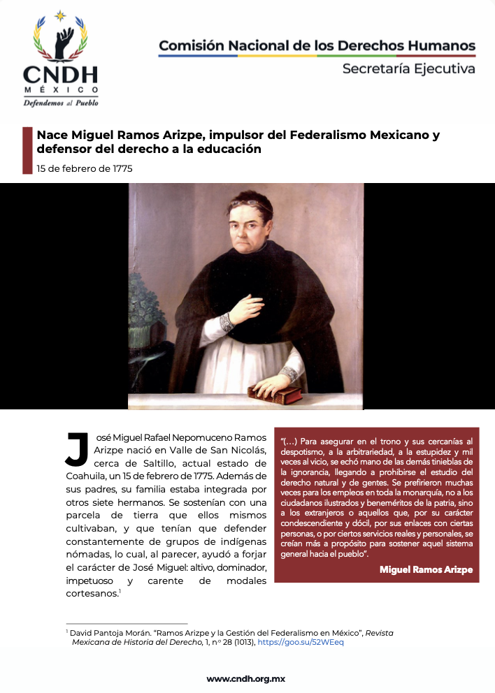 Nace Miguel Ramos Arizpe, impulsor del Federalismo Mexicano y defensor del derecho a la educación