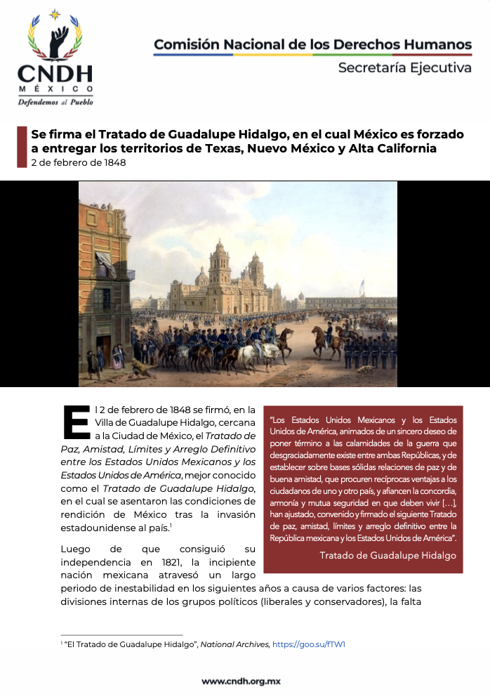 Se firma el Tratado de Guadalupe Hidalgo, en el cual M&eacute;xico es forzado a entregar los territorios de Texas, Nuevo M&eacute;xico y Alta California