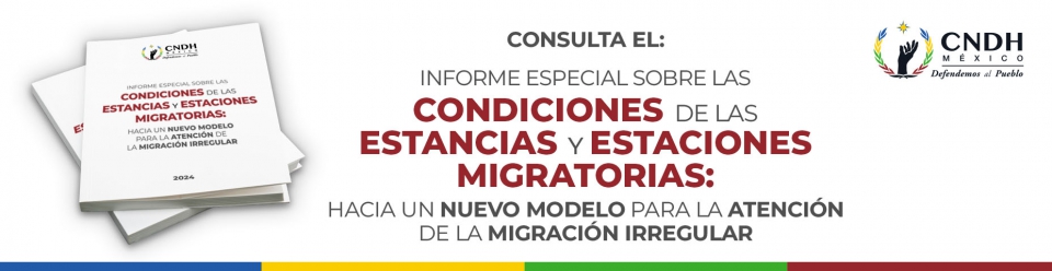 Banner “Informe especial sobre las condiciones de las Estancias y Estaciones Migratorias: Hacia un nuevo modelo para la atención de la migración irregular”.