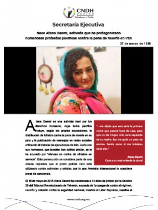 Nace Atena Daemi, activista que ha protagonizado numerosas protestas pacíficas contra la pena de muerte en Irán