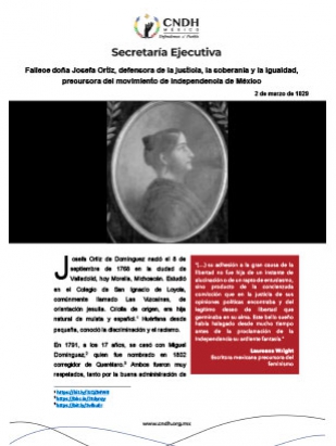 Fallece doña Josefa Ortiz, defensora de la justicia, la soberanía y la igualdad, precursora del movimiento de Independencia de México