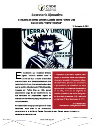 Se levanta en armas Emiliano Zapata contra Porfirio Díaz bajo el lema “Tierra y libertad”