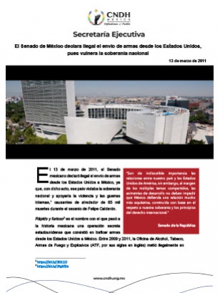 El Senado de México declara ilegal el envío de armas desde los Estados Unidos, pues vulnera la soberanía nacional
