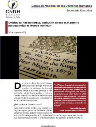 Emisión del habeas corpus, institución creada en Inglaterra para garantizar la libertad individual