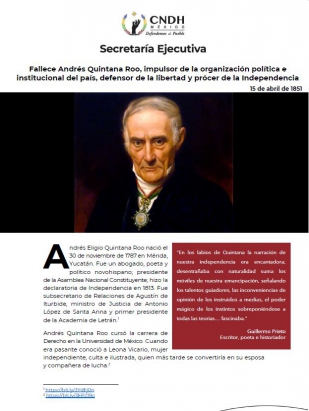 Fallece Andrés Quintana Roo, impulsor de la organización política e institucional del país, defensor de la libertad y prócer de la Independencia