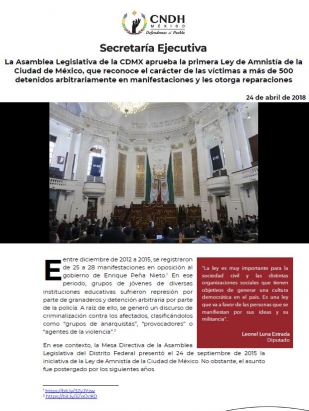 La Asamblea Legislativa de la CDMX aprueba la primera Ley de Amnistía de la Ciudad de México, que reconoce el carácter de las víctimas a más de 500 detenidos arbitrariamente en manifestaciones y les otorga reparaciones