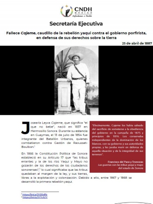 Fallece Cajeme, caudillo de la rebelión yaqui contra el gobierno porfirista, en defensa de sus derechos sobre la tierra