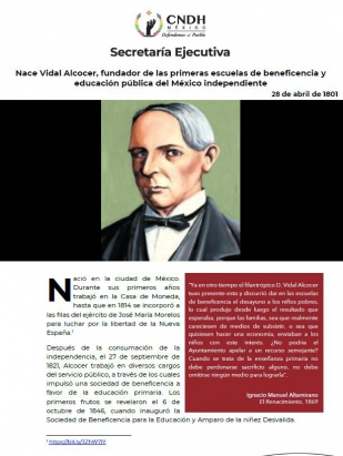 Nace Vidal Alcocer, fundador de las primeras escuelas de beneficencia y educación pública del México independiente