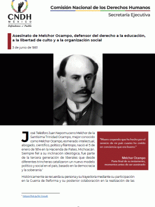 Asesinato de Melchor Ocampo, defensor del derecho a la educación, a la libertad de culto y a la organización social