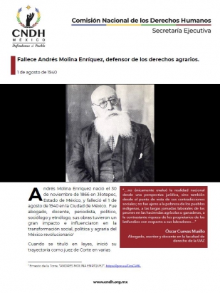 Fallece Andrés Molina Enríquez, defensor de los derechos agrarios.