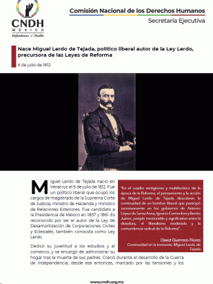 Nace Miguel Lerdo de Tejada, político liberal autor de la Ley Lerdo, precursora de las Leyes de Reforma