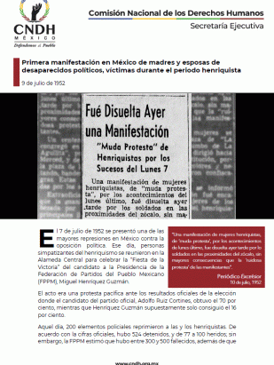 Primera manifestación en México de madres y esposas de desaparecidos políticos, víctimas durante el periodo henriquista