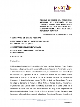 Informe de supervisión ISP 10/2018 Sobre los Hospitales Psiquiátricos que dependen del Gobierno Federal y Estado de la República Mexicana