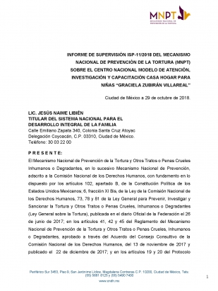 Informe de supervisión ISP 11/2018 Sobre el Centro Nacional Modelo de Atención, Investigación y Capacitación Casa Hogar para niñas Graciela Zubirán Villareal