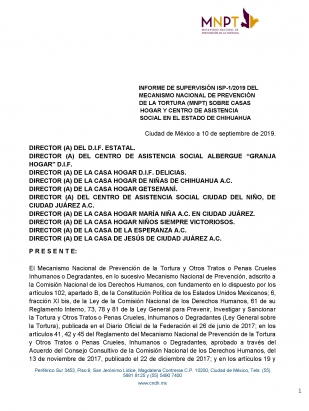 Informe de supervisión 1/2019 del Mecanismo Nacional de Prevención de la Tortura sobre Casas Hogar y Centro de Asistencia Social en el Estado de Chihuahua