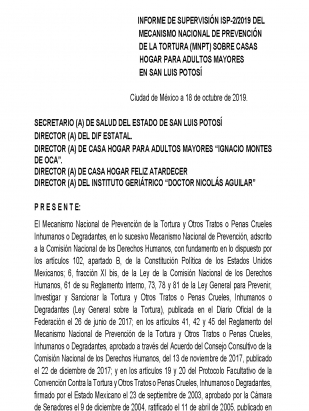 Informe de supervisión 2/2019 del Mecanismo Nacional de Prevención de la tortura (MNPT) sobre casas hogar para adultos mayores en San Luis Potosí