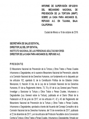 Informe de supervisión 3/2019 del Mecanismo Nacional de Prevención de la Tortura sobre la Casa para Ancianos El Refugio A.C. en Tijuana, Baja California