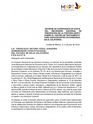 Informe de supervisión ISP 6/2018 Centro de Tratamiento para adolescentes en Ensenada.