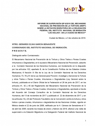 Informe de supervisión ISP 8/2018 de la Estación Migratoria de la Delegación Federal del Instituto Nacional de Migración Las Agujas