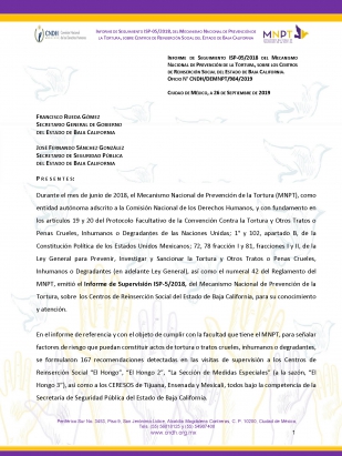 Informe de seguimiento 05/2018 del Mecanismo Nacional de Prevención de la Tortura, sobre los centros de reinserción social del Estado de Baja California.