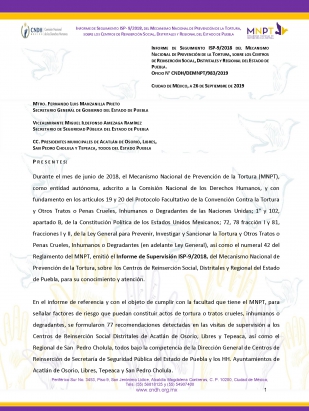 Informe de seguimiento 9/2018 del Mecanismo Nacional de Prevención de la Tortura, sobre los centros de reinserción social, distritales y regional del Estado de Puebla.