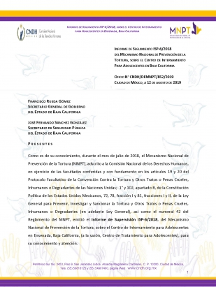 Informe de seguimiento 6/2018 del Mecanismo Nacional de Prevención de la Tortura, sobre el Centro de Internamiento para Adolescentes en Ensenada, Baja California