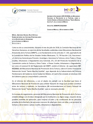 Informe de seguimiento ISP-7/2018 del Mecanismo Nacional de Prevención de la Tortura, Sobre el centro femenil de reinserción social “Santa Martha Acatitla”, en la Ciudad de México.