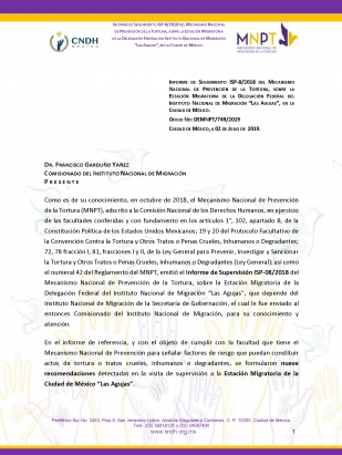 Informe de Seguimiento ISP-8/2018 del Mecanismo Nacional de Prevención de la Tortura, sobre la Estación Migratoria de la Delegación Federal del Instituto Nacional de Migración “Las Agujas”, en la Ciudad de México.