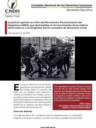 La policía reprime un mitin del Movimiento Revolucionario del Magisterio (MRM), que demandaba el reconocimiento de los líderes democráticos. Los dirigentes fueron acusados de disolución social