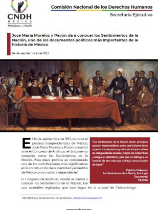 José María Morelos y Pavón da a conocer los Sentimientos de la Nación, uno de los documentos políticos más importantes de la historia de México