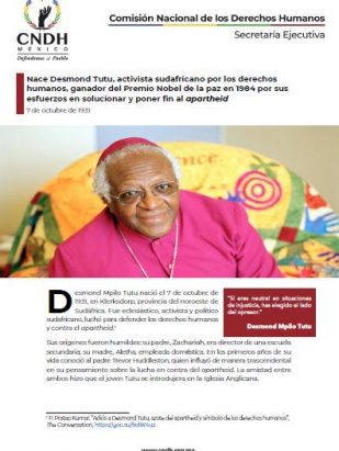 Nace Desmond Tutu, activista sudafricano por los derechos humanos, ganador del Premio Nobel de la paz en 1984 por sus esfuerzos en solucionar y poner fin al apartheid