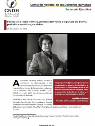 Fallece Ana María Romero, primera defensora del pueblo de Bolivia, periodista, escritora y activista