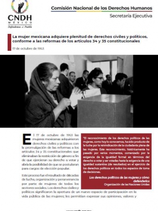 La mujer mexicana adquiere plenitud de derechos civiles y políticos, conforme a las reformas de los artículos 34 y 35 constitucionales