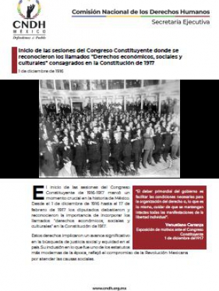 Inicio de las sesiones del Congreso Constituyente donde se reconocieron los llamados "Derechos económicos, sociales y culturales" consagrados en la Constitución de 1917